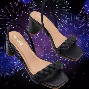 NWOT Kaanas Black Leather ‘Mistico’ Braided Strap Block Heel Slingback Sandals 7